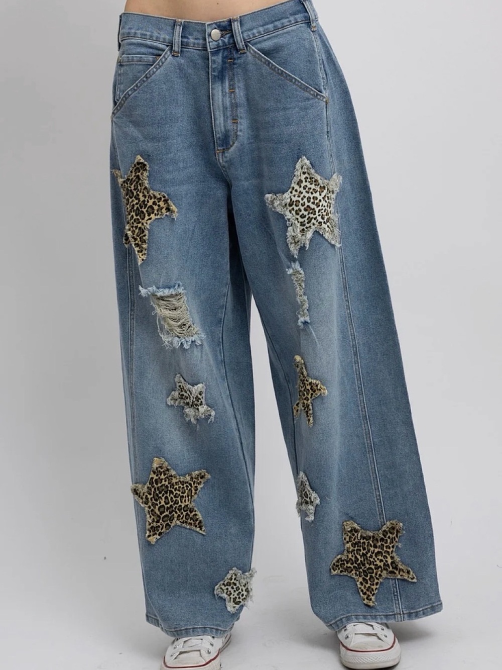 Leopard Star Appliqué Wide-Leg Jeans — Blue
